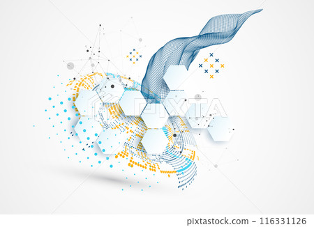 Halftone theme vector with wireframe wave. Science abstract background with connecting dots and lines. Halftone theme vector with wireframe wave. Science abstract background with connecting dots and lines. 116331126