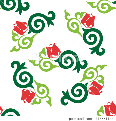 Floral pattern Tatar Native Ornamental border with tulips. Culture of the Tatar people, symbols of green and red 116331128