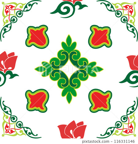 Floral pattern Tatar Native Ornamental border with tulips. Culture of the Tatar people, symbols of green and red Floral pattern Tatar Native Ornamental border with tulips. Culture of the Tatar people, symbols of green and red 116331146