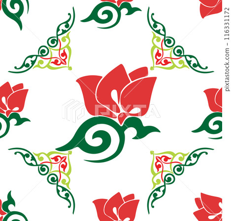 Floral pattern Tatar Native Ornamental border with tulips. Culture of the Tatar people, symbols of green and red Floral pattern Tatar Native Ornamental border with tulips. Culture of the Tatar people, symbols of green and red 116331172