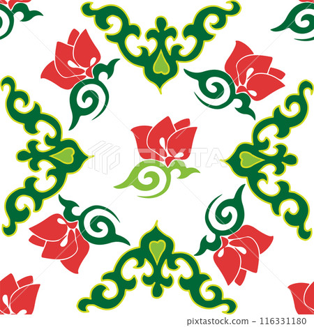 Floral pattern Tatar Native Ornamental border with tulips. Culture of the Tatar people, symbols of green and red Floral pattern Tatar Native Ornamental border with tulips. Culture of the Tatar people, symbols of green and red 116331180