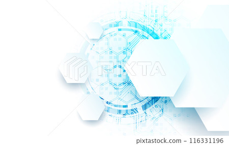 Abstract circuit board and hexagons on gradient color background. Hi-tech digital technology concept. Vector 116331196