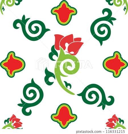 Floral pattern Tatar Native Ornamental border with tulips. Culture of the Tatar people, symbols of green and red Floral pattern Tatar Native Ornamental border with tulips. Culture of the Tatar people, symbols of green and red 116331215
