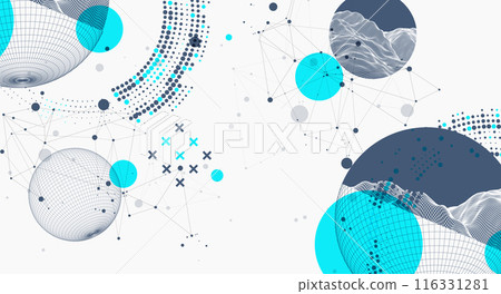 Sphere  theme with connected lines in technology style background. Wireframe illustration. Abstract 3d grid design. Hand drawn. 116331281