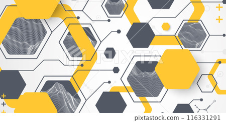 Modern science or technology abstract background using hexagonal shapes. Wireframe spot surface illustration. Vector. Modern science or technology abstract background using hexagonal shapes. Wireframe spot surface illustration. Vector. 116331291