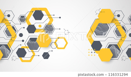 Modern science or technology abstract background using hexagonal shapes. Wireframe spot surface illustration. Vector. 116331294