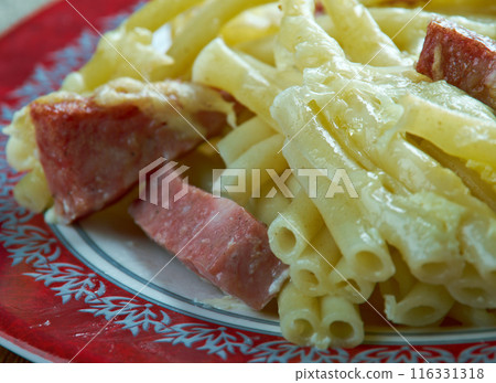 Italian baked pasta with salami Italian baked pasta with salami 116331318