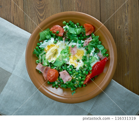 Stewed peas with poached eggs Stewed peas with poached eggs 116331319