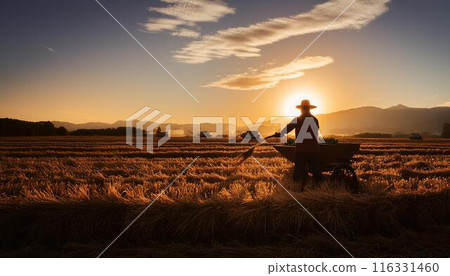 Sunset and harvesting 116331460