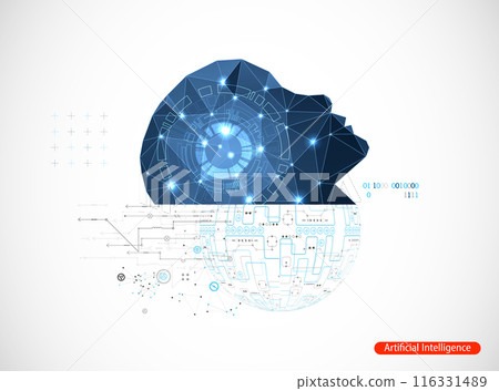 Artificial Intelligence. Technical background with a silhouette of a man. Big data concept. Machine cyber mind. 116331489