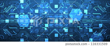 Abstract circuit board and hexagons on gradient color background. Hi-tech digital technology concept. 116331509