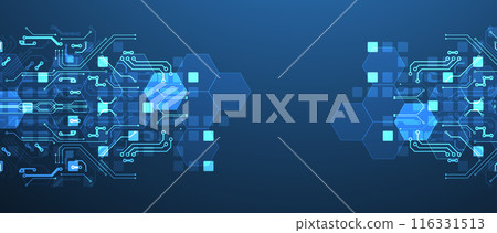 Abstract circuit board and hexagons on gradient color background. Hi-tech digital technology concept. Abstract circuit board and hexagons on gradient color background. Hi-tech digital technology concept. 116331513