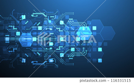 Abstract circuit board and hexagons on gradient color background. Hi-tech digital technology concept. Abstract circuit board and hexagons on gradient color background. Hi-tech digital technology concept. 116331515