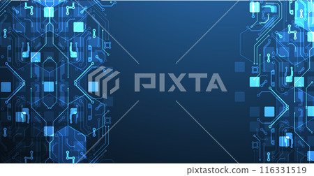 Abstract circuit board and hexagons on gradient color background. Hi-tech digital technology concept. Abstract circuit board and hexagons on gradient color background. Hi-tech digital technology concept. 116331519