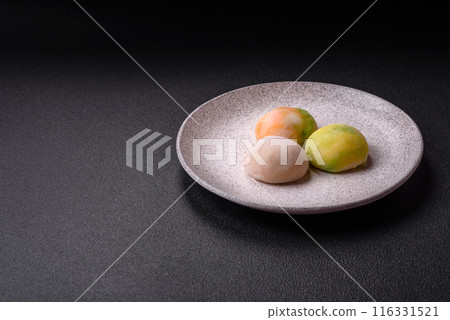 Delicious sweet chilled mochi desserts with fruit filling Delicious sweet chilled mochi desserts with fruit filling 116331521