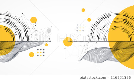The abstract wave is made in a frame style with half tone element. Template for science and technology presentation. Hand drawn vector art. 116331556