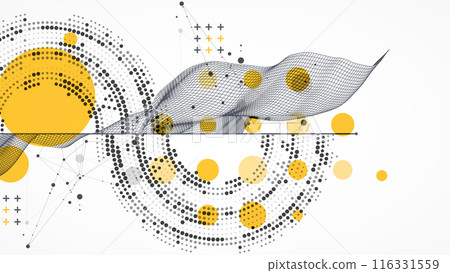 The abstract wave is made in a frame style with half tone element. Template for science and technology presentation. Hand drawn vector art. 116331559