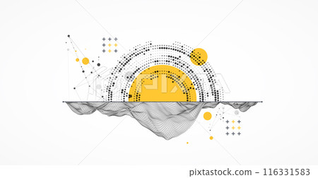 The abstract wave is made in a frame style with half tone element. Template for science and technology presentation. Hand drawn vector art. The abstract wave is made in a frame style with half tone element. Template for science and technology presentation. Hand drawn vector art. 116331583