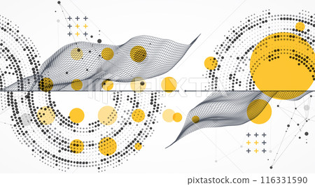 The abstract wave is made in a frame style with half tone element. Template for science and technology presentation. Hand drawn vector art. The abstract wave is made in a frame style with half tone element. Template for science and technology presentation. Hand drawn vector art. 116331590