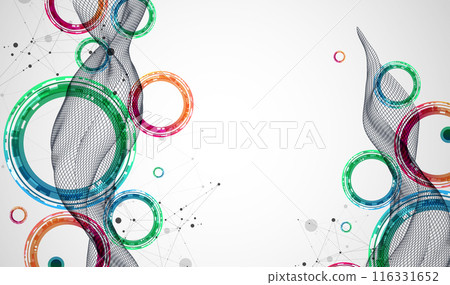 The abstract wave is made in a frame style. Template for science and technology presentation with circles. Hand drawn vector art. 116331652