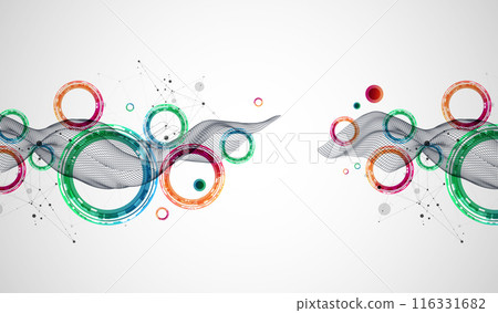 The abstract wave is made in a frame style. Template for science and technology presentation with circles. Hand drawn vector art. The abstract wave is made in a frame style. Template for science and technology presentation with circles. Hand drawn vector art. 116331682