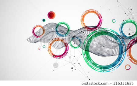 The abstract wave is made in a frame style. Template for science and technology presentation with circles. Hand drawn vector art. 116331685