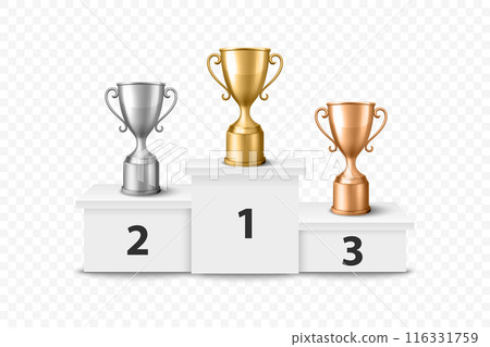 Vector Blank Golden, Silver and Bronze Champion Cup on Winner Podium Isolated on White Background. Design Template of Championship Trophy. Sport Tournament Award, Winner Cup and Victory Concept 116331759
