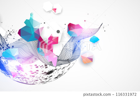 The abstract wave is made in a frame style with sphere. Template for science or technology presentation. Hand drawn vector art. 116331972