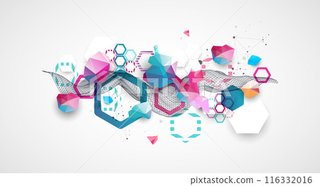 Abstract wave with colorful hexagons and plexus effect. Scientific and technological background. Vector. 116332016