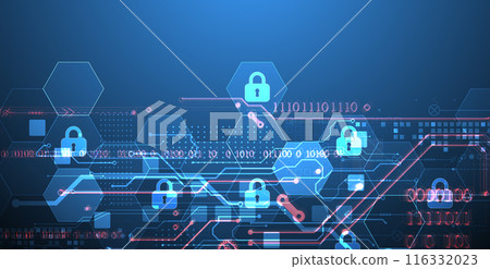 Secure digital background. Virtual confidential, programming protection. Hand drawn vector. 116332023