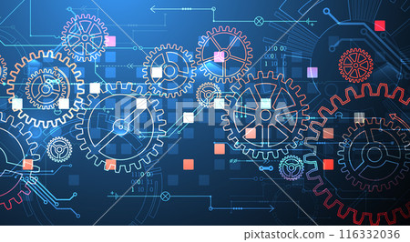 Gear wheel technology pattern on gradient background. Hand drawn vector. Gear wheel technology pattern on gradient background. Hand drawn vector. 116332036