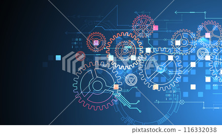 Gear wheel technology pattern on gradient background. Hand drawn vector. 116332038