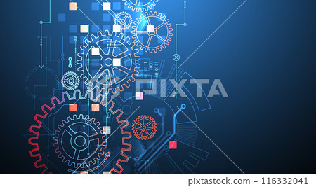 Gear wheel technology pattern on gradient background. Hand drawn vector. Gear wheel technology pattern on gradient background. Hand drawn vector. 116332041