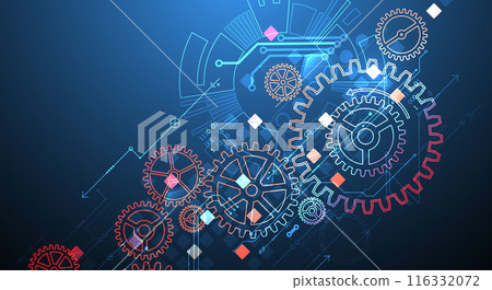 Gear wheel technology pattern on gradient background. Hand drawn vector. 116332072