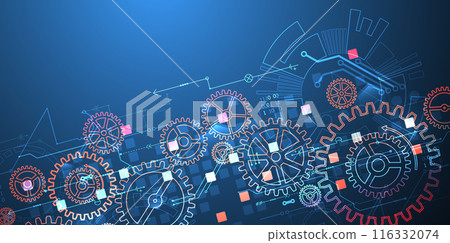 Gear wheel technology pattern on gradient background. Hand drawn vector. 116332074