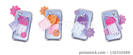 3D discount coupon set, vector shopping voucher icon, smartphone screen, gift sale tag concept kit. 3D discount coupon set, vector shopping voucher icon, smartphone screen, gift sale tag concept kit. 116332089