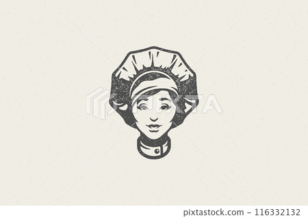 Woman head in traditional chef cap silhouette work in kitchen hand drawn stamp effect vector illustration 116332132