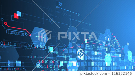 Abstract circuit board and hexagons on gradient color background. Hi-tech digital technology concept. 116332146