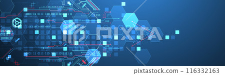 Abstract circuit board and hexagons on gradient color background. Hi-tech digital technology concept. Abstract circuit board and hexagons on gradient color background. Hi-tech digital technology concept. 116332163