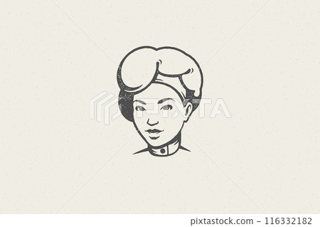 Woman head in traditional chef cap silhouette work in kitchen hand drawn stamp effect vector illustration 116332182