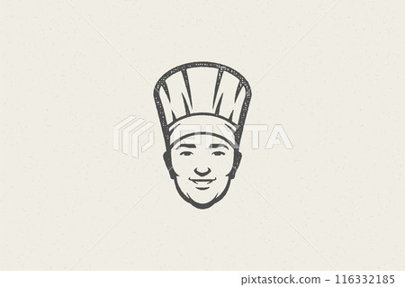 Logo icon head of smiling male cook silhouette in chef hat hand drawn stamp effect vector illustration. 116332185