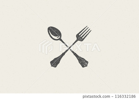 Crossed spoon and fork silhouette for food service hand drawn stamp effect vector illustration. Crossed spoon and fork silhouette for food service hand drawn stamp effect vector illustration. 116332186