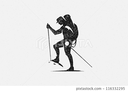 Silhouette male hiker with backpack and sticks during trip hand drawn stamp effect vector illustration. 116332295