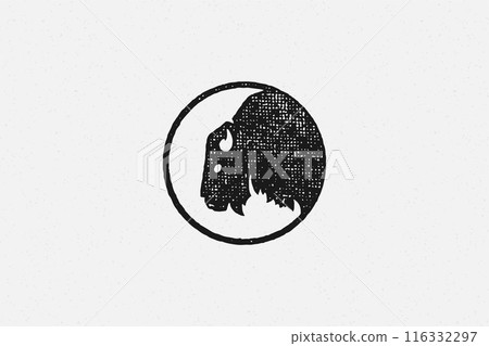 Silhouette head of wild buffalo or bison as symbol of nature exploration hand drawn stamp effect vector illustration. Silhouette head of wild buffalo or bison as symbol of nature exploration hand drawn stamp effect vector illustration. 116332297