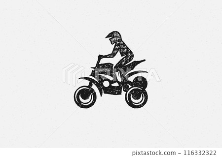 Black silhouette person in helmet driving quadricycle trip in countryside hand drawn stamp effect vector illustration 116332322
