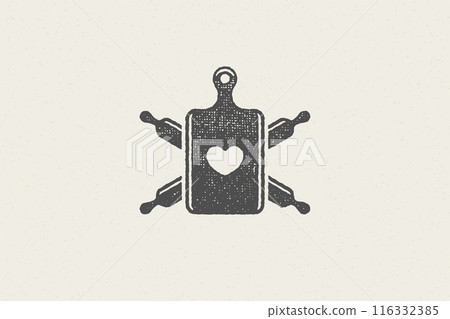 Silhouette of rolling pins crossed and cutting board with heart symbol hand drawn stamp effect vector illustration. 116332385