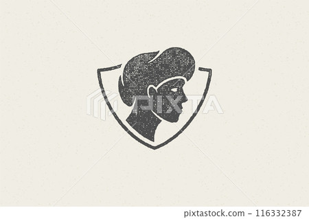 Shield shaped badge with silhouette of head of male chef cook hand drawn stamp effect vector illustration. 116332387