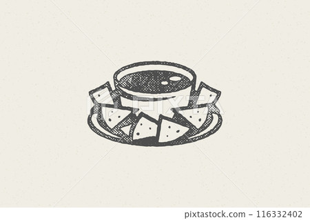 Mexican nachos silhouette into bowl with sauce for fast food hand drawn stamp effect vector illustration 116332402