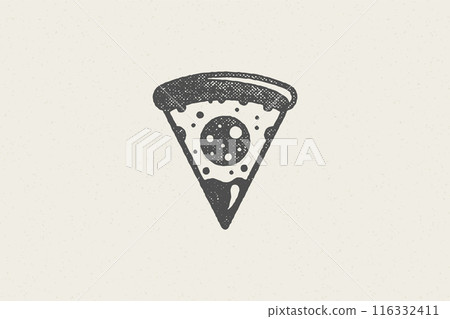 Slice of pizza silhouette with tomato and cheese hand drawn stamp effect vector illustration. Slice of pizza silhouette with tomato and cheese hand drawn stamp effect vector illustration. 116332411