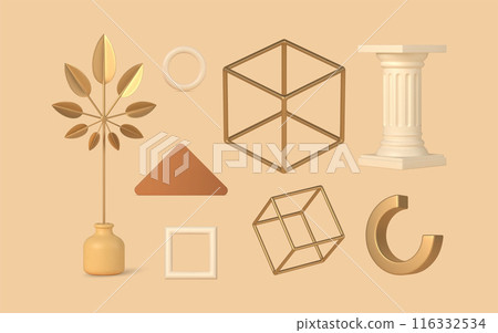 Decorative items for 3d boho design vector template set. Square gold frame with branch metal leaves and white ring. Decorative items for 3d boho design vector template set. Square gold frame with branch metal leaves and white ring. 116332534